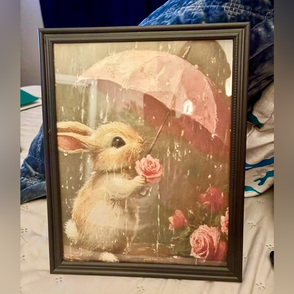 Charming Pink Umbrella Bunny Framed 8x10 Art